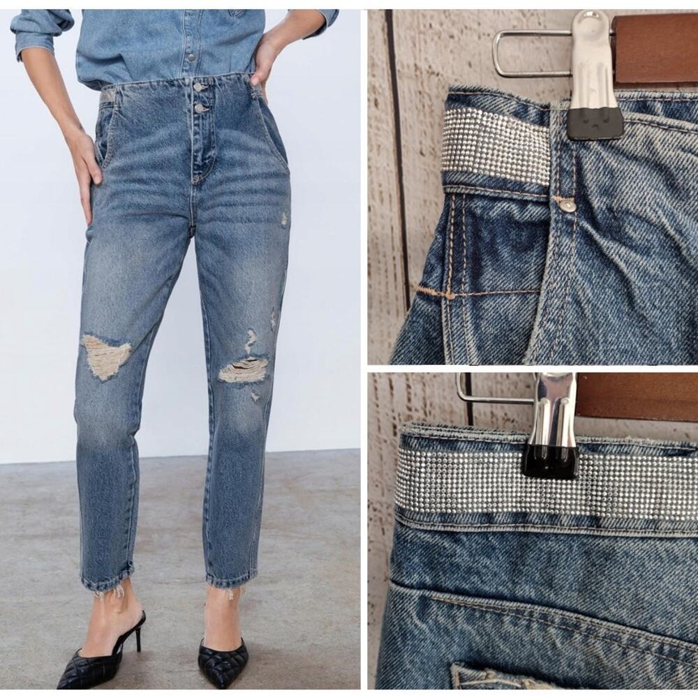 Zara | Rhinestone Accent High-Rise Distressed Mom Ankle Jeans Rigid Denim US 6